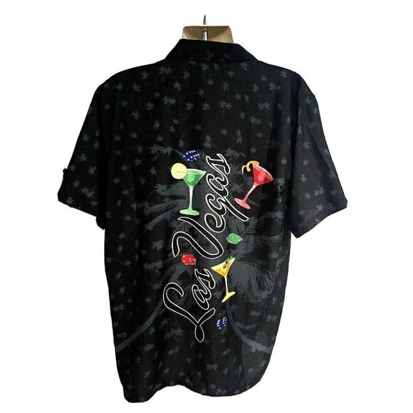 Las Vegas Mens Black Hawaiian Button Front Shirt XL Welt Pocket Cocktails Dice - Picture 2 of 8